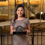 Shaesta Waiz with her "Current Achievement" Trophy from the Smithsonian National Air and Space Museum.